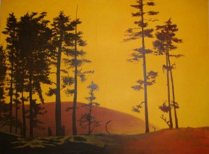 "Black Trees on Yellow Sunset" left panel (a set of 2 panels) oil on canvas by David Maurer