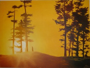 "Black Trees on Yellow Sunset" right panel (a set of 2 panels) oil on canvas by David Maurer