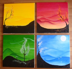 "Four Seasons" a set of four Oil on canvas paintings by Angelina Kumar.  Dimensions each 20 inches x 20 inches. 